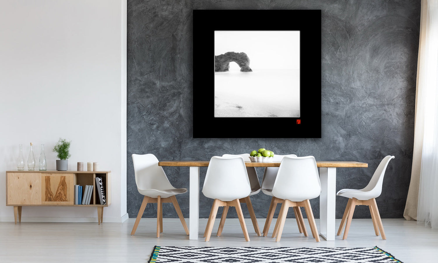 Minimalist black and white photograph of bench overlooking Dorset coast