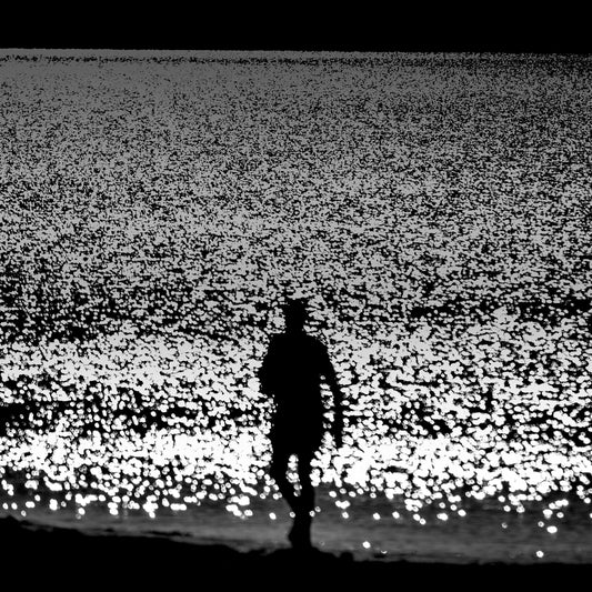 Tabi no Hito — lone figure walking on a glittering silver shoreline, black and white fine art photography