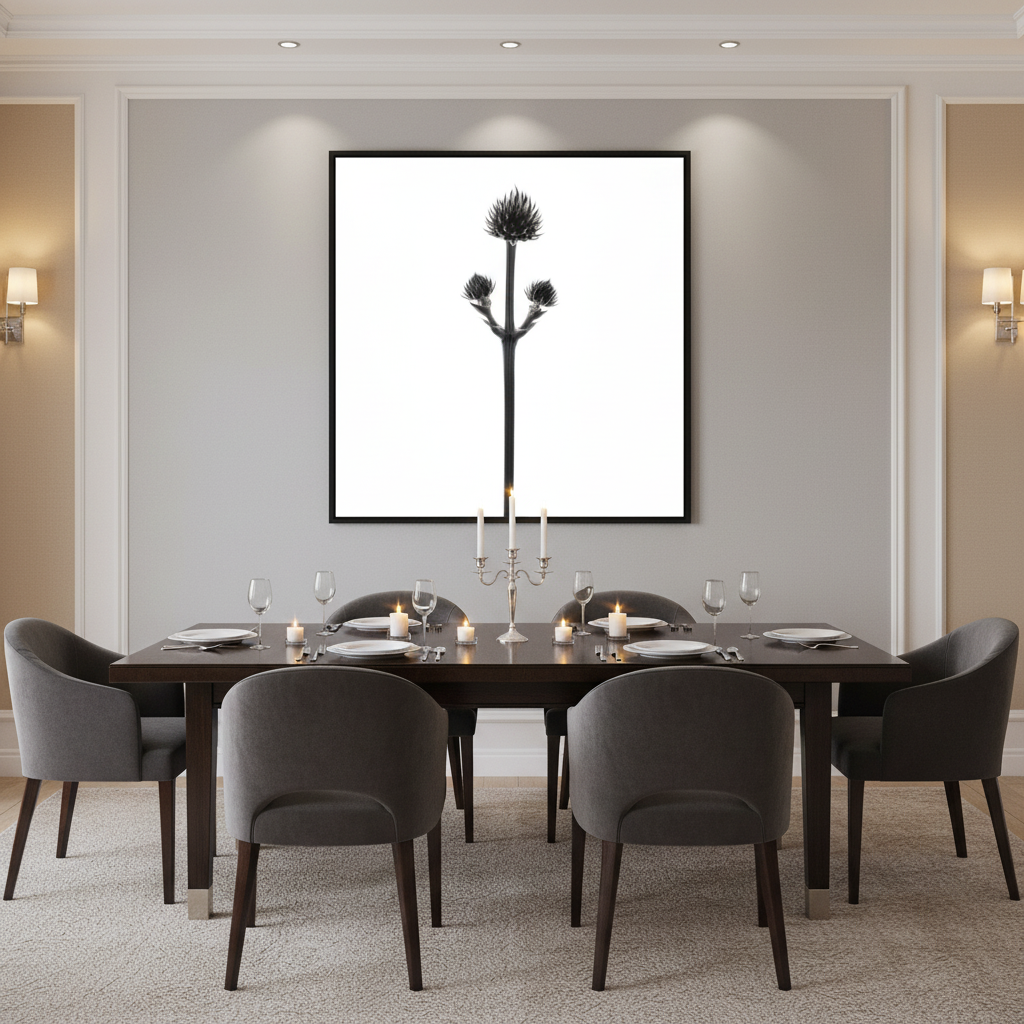 Three thistles in elegant dining room - square, no people