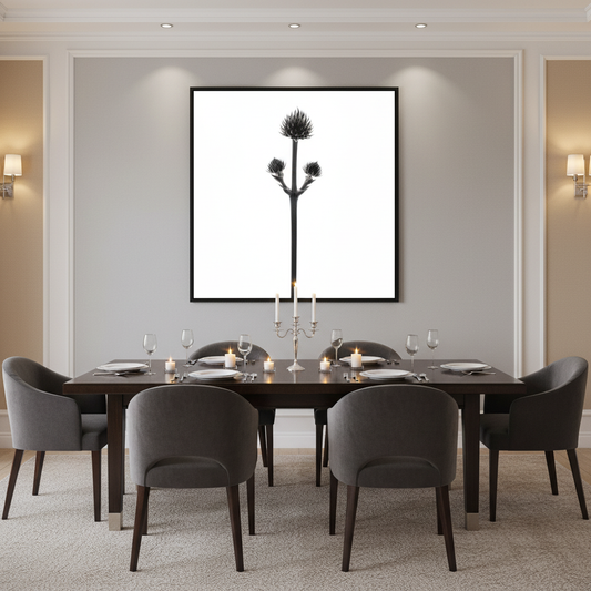 Three thistles in elegant dining room - square, no people